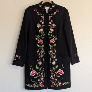 VTG 90s Victor Costa Occasion Black Floral Embroidery Duster Jacket Boho Cottage